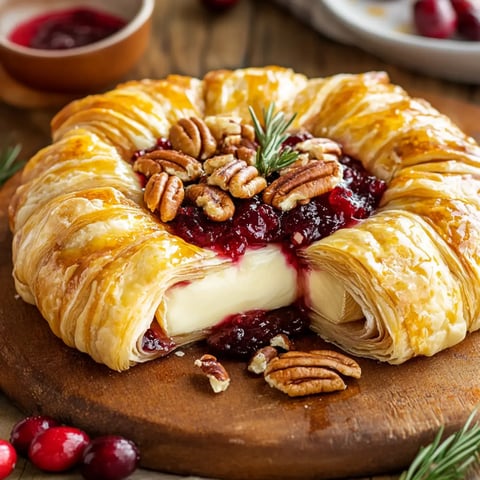 A warm brie cheese baked in flaky puff pastry, topped with cranberry sauce, pecans, and rosemary sprig on a wooden platter.