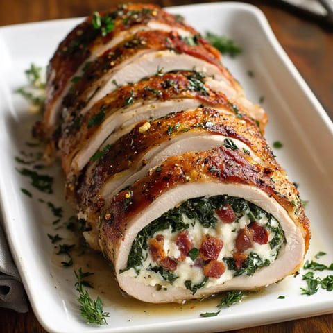 Golden turkey slices stuffed with cheesy spinach and crispy bacon, served on a white plate.