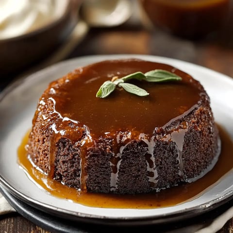 A moist date cake topped with glossy caramel sauce and a green garnish on a white dish.