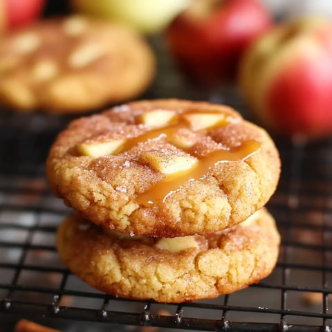 Stacked cookies topped with caramel-drenched apples, with a few apples blurred in the back.
