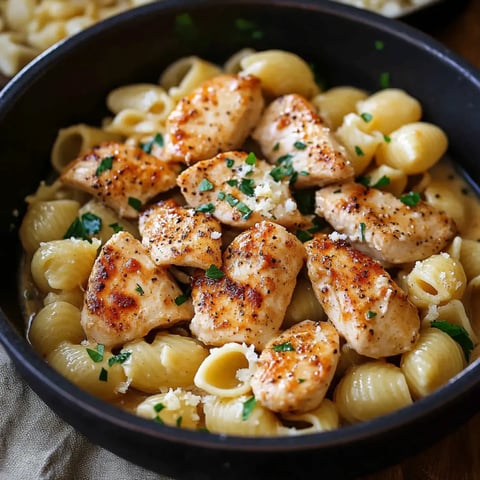 A black bowl holding creamy butter noodles with grilled chicken pieces on top, finished with parsley sprinkles.