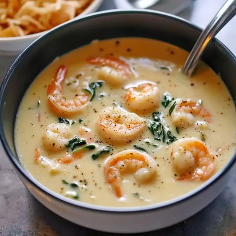 A creamy shrimp and spinach soup topped with pepper, served in a bowl.