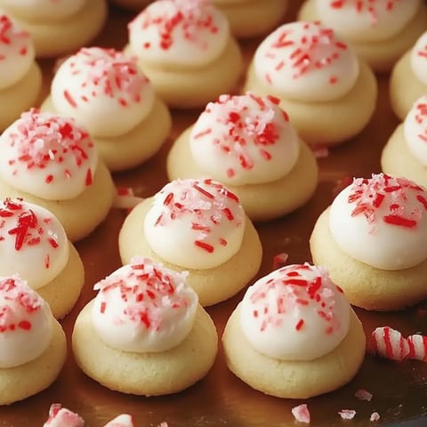 Close-up of buttery cookies topped with white frosting and red candy sprinkles on a golden plate.