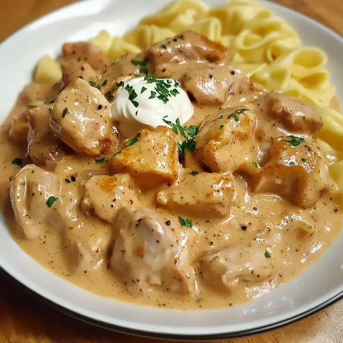 A hearty serving of chicken in creamy paprika sauce, accompanied by noodles and a touch of sour cream, garnished with fresh parsley.