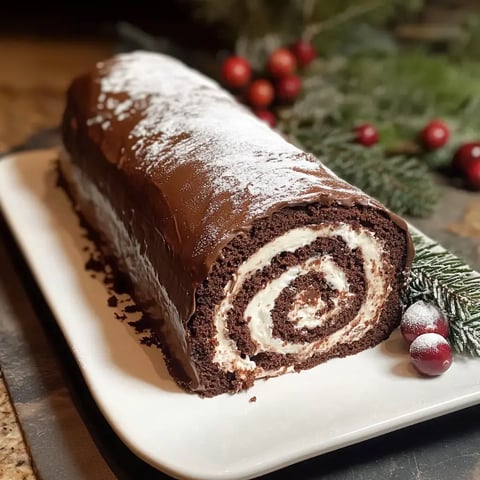 A chocolate log decorated with powdered sugar sits on a plate with pine greens and red berries for a festive touch.