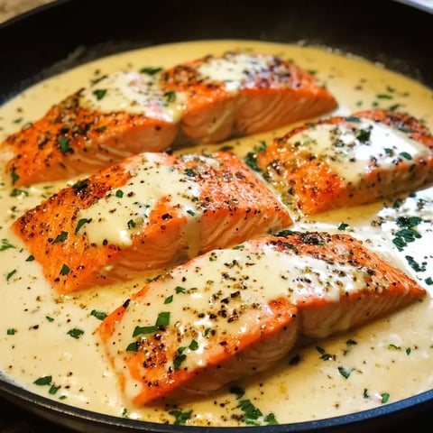 Four pieces of salmon cooking in a skillet with a creamy sauce and herbs.