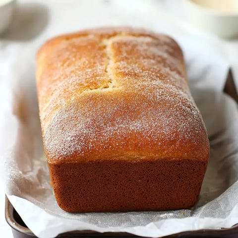 Fresh loaf with a cinnamon sugar topping baked in a pan over parchment paper.