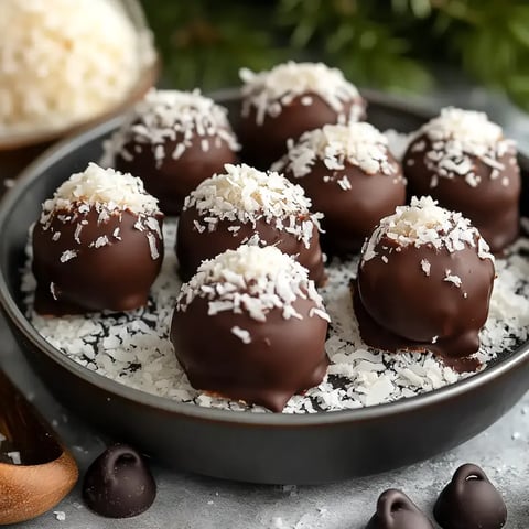 Round chocolate-covered coconut candies sprinkled with coconut flakes on a gray plate.