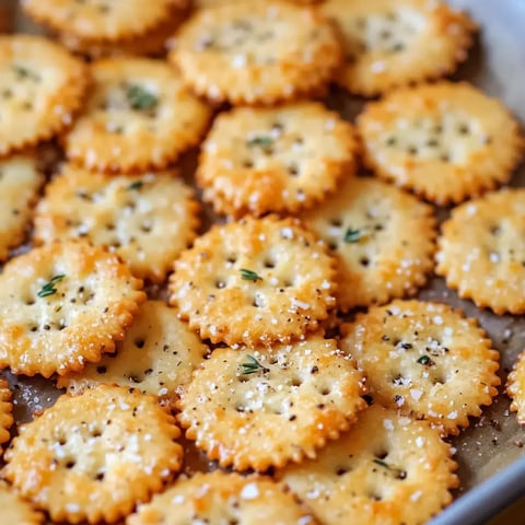 Golden seasoned crackers arranged on a tray, fresh out of the oven.