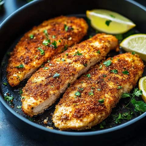 Three crispy, seasoned chicken fillets in a black pan with parsley and lemon wedges on the side.