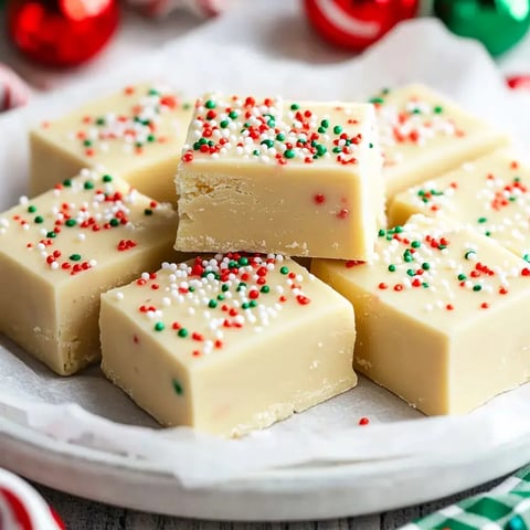Squares of smooth, festive fudge with red, green, and white sprinkles arranged on a plate.