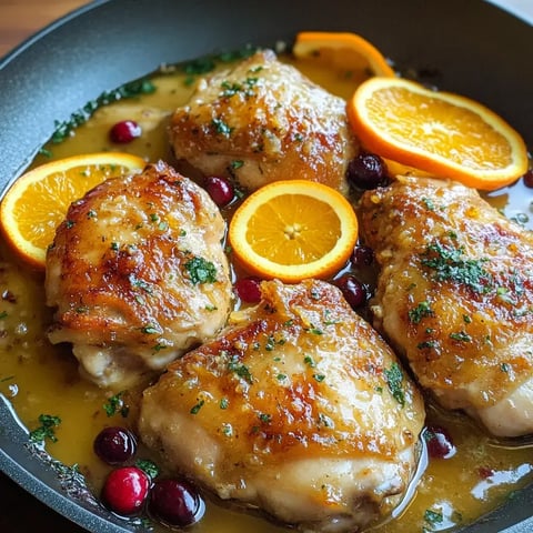 Roasted chicken thighs with cranberries and orange slices in a rich sauce, served in a skillet.