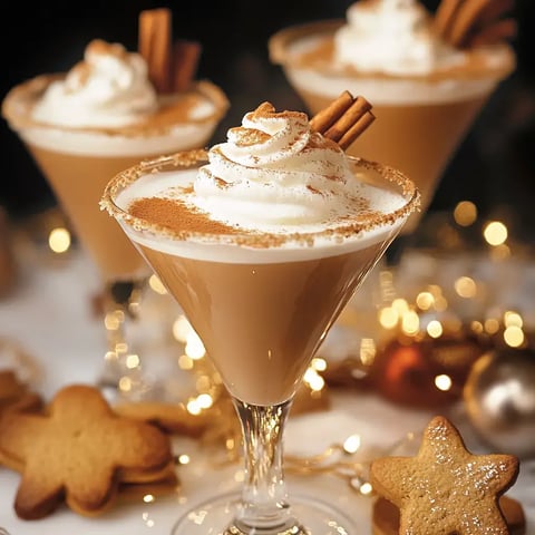 Three cheerful drinks with whipped cream, cinnamon sticks, and spices, displayed with gingerbread cookies against sparkling lights.