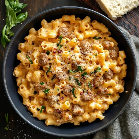 A bowl of creamy pasta topped with sausage and parsley, served with bread on the side.