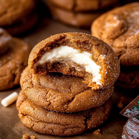 Soft ginger spiced cookies with a creamy filling, one with a bite taken out, surrounded by more cookies.