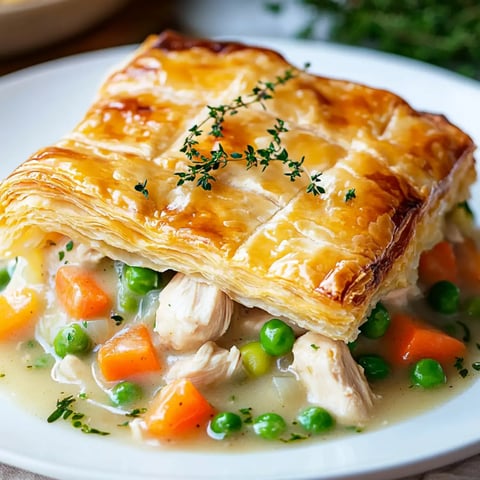 Golden puff pastry with fresh thyme on top of creamy chicken and veggie filling featuring peas and carrots, served on a white plate.