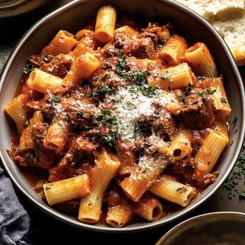 Rigatoni pasta in tomato sauce with beef, parsley, grated cheese, and bread on the side.