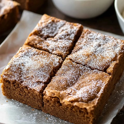 Close-up of four powdered brownies placed on parchment.