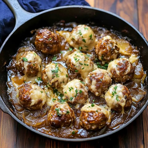 Skillet of cheese-topped meatballs with fresh parsley in a savory brown sauce.