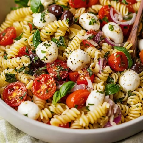 Close view of a bright pasta bowl with rotini, cherry tomatoes, mozzarella, black olives, fresh herbs, and basil in a big bowl.
