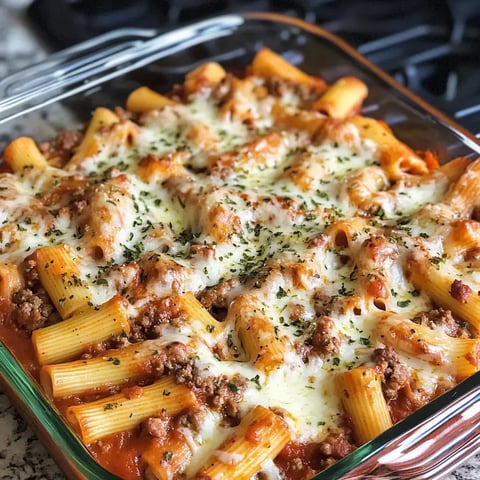 A zoomed-in shot of baked rigatoni in a glass dish with gooey cheese, meat, and marinara, finished with fresh herbs.