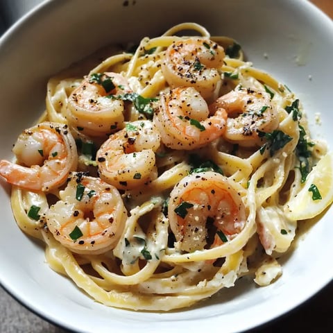 Linguine with shrimp, parsley, and cracked pepper in a bowl.