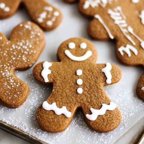 Close-up of gingerbread men cookies with white icing and powdered sugar dusting.