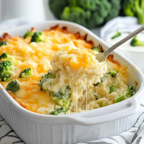 A cheesy broccoli and rice casserole being spooned from a dish, showcasing melty cheese.