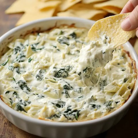 A tortilla chip dipped into a cheesy and creamy spinach-artichoke dip in a white dish, extra chips seen behind.