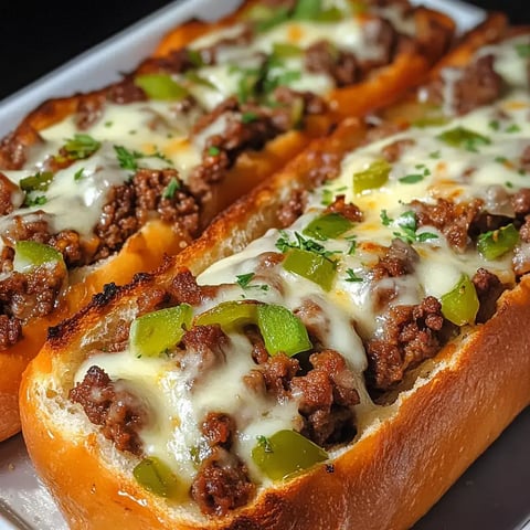Toasted bread slices stuffed with juicy beef, gooey cheese, and diced vegetables, sprinkled with parsley.