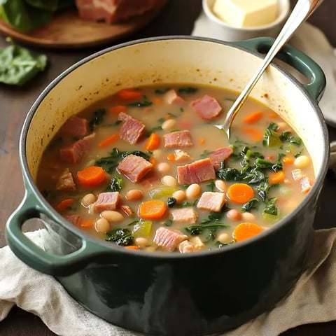 A pot of chunky soup with ham, beans, carrots, and greens on a wooden surface. A spoon rests inside the pot.