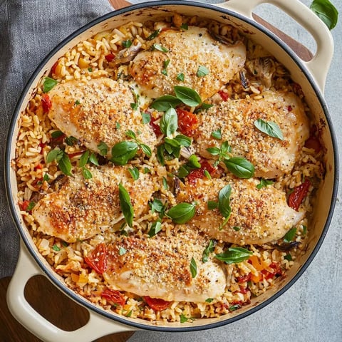 Baking dish with chicken breasts, wild rice, and veggies, topped with breadcrumbs and basil.