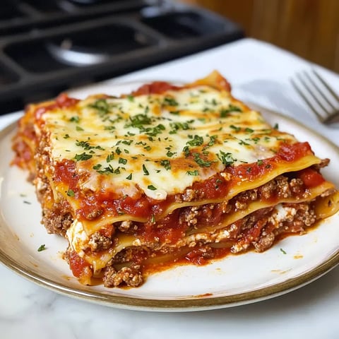 Layered lasagna with marinara, cheese, and meat on a plate sprinkled with parsley.