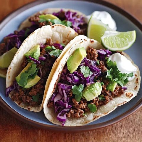 Blue plate with three tacos stuffed with juicy beef, purple cabbage, avocado slices, and cilantro, topped with lime wedges and sour cream.