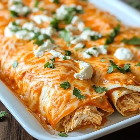 A dish of cheesy enchiladas topped with buffalo sauce, garnished with cilantro and sour cream dollops.