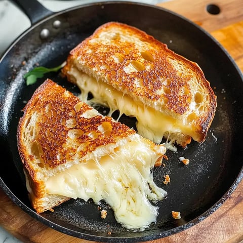 Melted cheese spills from a golden, crispy sandwich placed in a skillet.