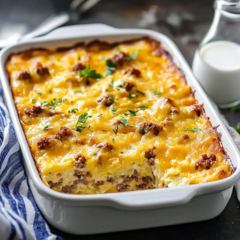 A bubbling dish with golden cheese and sausage bits, sprinkled with parsley, served alongside a bottle of milk.