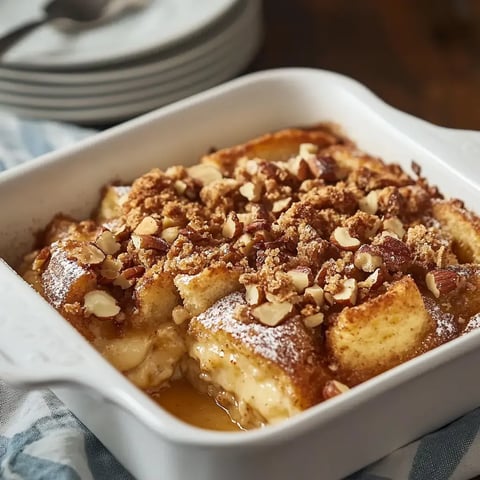 Close-up of a baked dish with crunchy nuts and powdered sugar, served partially with plates nearby.