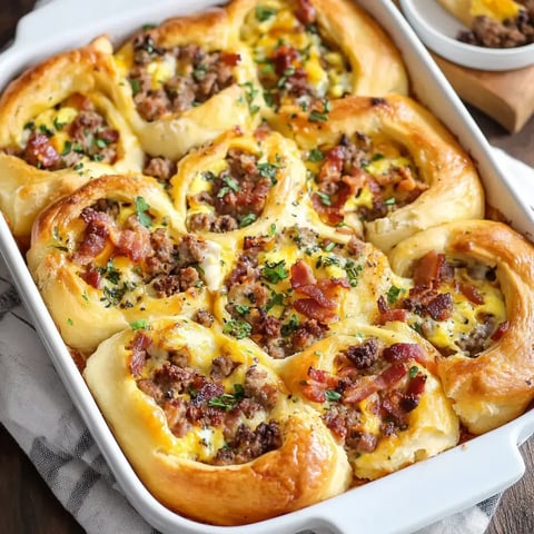 A baking tray of crispy crescent rolls filled with sausage, eggs, bacon, and a sprinkle of fresh herbs.