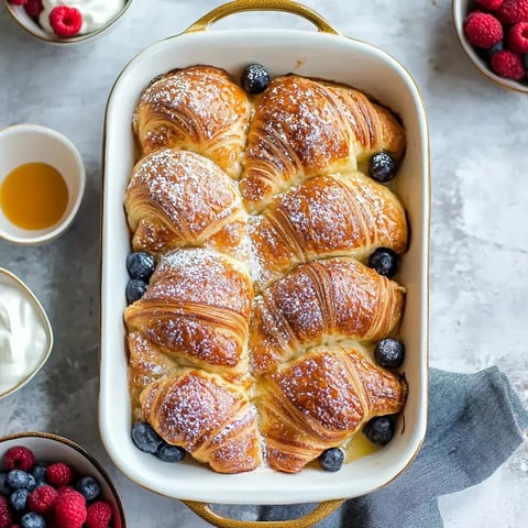 A golden croissant bake sprinkled with powdered sugar, surrounded by fresh blueberries and side dishes of berries, yogurt, and syrup.