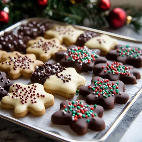 A colorful plate of festive spritz cookies shaped uniquely, decorated with sprinkles, perfect for celebrations.