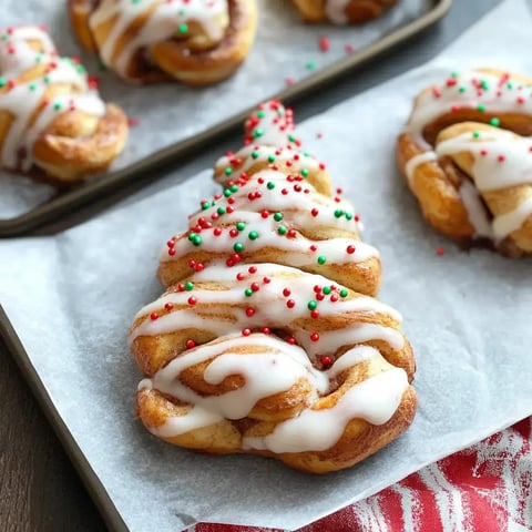 Cinnamon rolls arranged as a Christmas tree, with icing and festive sprinkles in red and green.