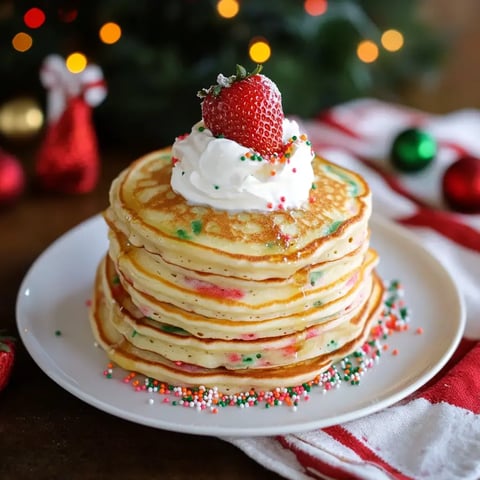 A festive stack of pancakes with whipped cream and a strawberry crown, surrounded by colorful sprinkles and set against a holiday-themed background.
