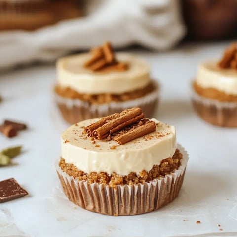 Three sweet treats in layers, with a brown bottom, cream-colored middle, and cinnamon stick toppers on a white table.