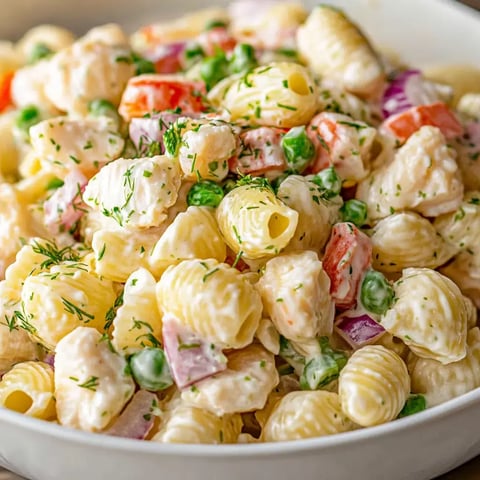 Close-up of a creamy seafood salad with pasta, veggies, and fresh herbs.