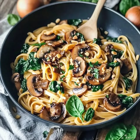 A pot of linguine mixed with mushrooms, spinach, and pine nuts, with a wooden spoon ready to serve.