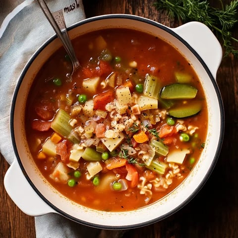 A comforting bowl of soup filled with diced veggies, pasta, and herbs in a rich broth, served on a wooden table in a white dish.