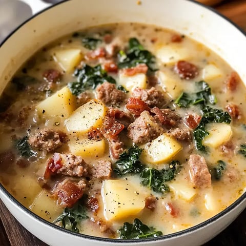 A hearty bowl of soup with creamy broth, kale, potatoes, sausage, and crispy bacon bits.