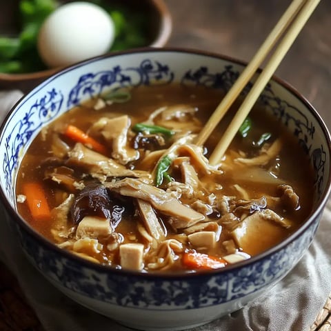 A steaming bowl with hearty ingredients like mushrooms, tofu, and pork in a rich broth. Served alongside a boiled egg.