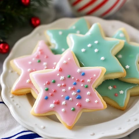 Star cookies topped with colorful icing and sprinkled with tiny, vibrant star shapes.